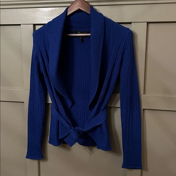 BCBGMaxAzria Cable Knit Cardigan Sweater Shawl Collar Tie Waist Blue Size Small - Picture 3 of 6